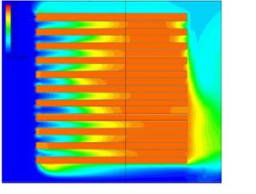 The design engineer can also create velocity vectors that make it easier to visualize flow patterns through which the fan blows air over the heat sink and around the entire enclosure. No. 1 and No.