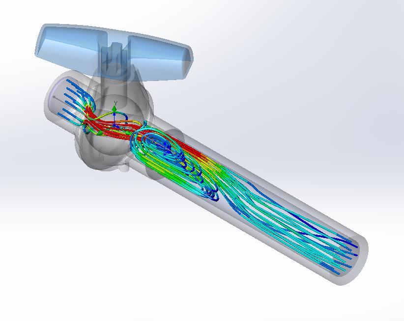 Figure 3: A straight pipe added to the end of the ball valve shows how the pressure boundary can be moved away from the vortex that is being formed.