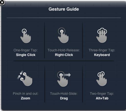 Opens a gesture menu explaining the different multitouch gestures that can be used to navigate on the desktop.