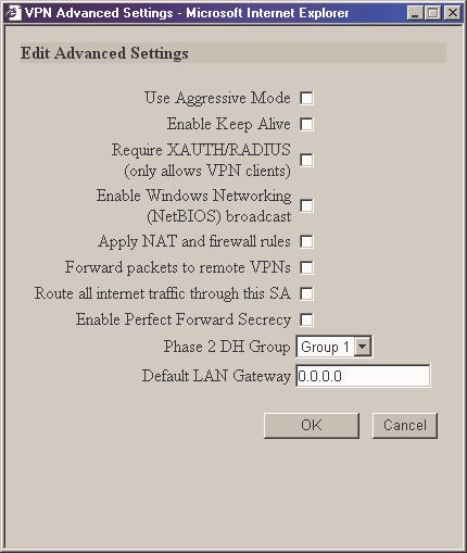 VPN Advanced Settings Two new check boxes, Use Aggressive Mode and Phase 2 DH, are available in the Edit Advanced Settings for VPN connections.