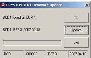 5) When the BCD-1 s serial port has been found, the dialog box will indicate this by displaying the message BDC1 found on ComX. Click on UPDATE to initiate the update procedure.