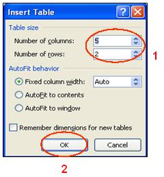6. If the Insert Table option is chosen, the Insert Table dialog box displays. In the Table Size section, enter the number of columns and rows (see Figure 5, #1).