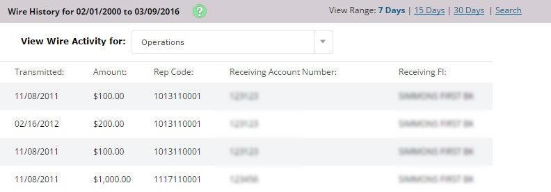 2. Select the desired account for View Wire Activity For. 3. Review the columns. Wire Name: The name indicated for the wire. Transmitted: The date the wire was transmitted. Amount: The wire amount.