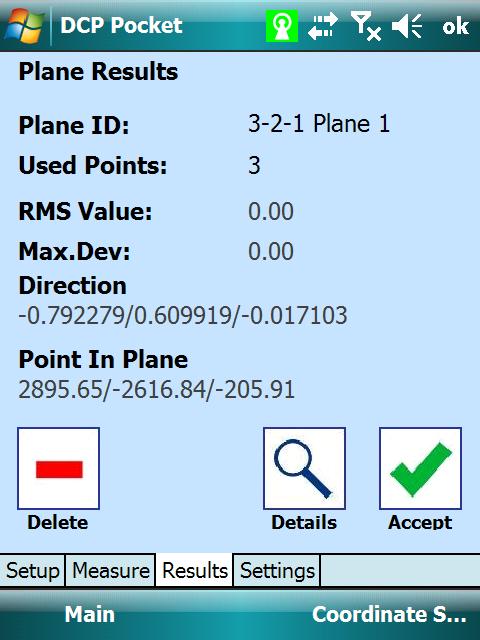 Status view of alignment features Plane Setup Definition of plane points and selection of gravity option Measure Guided