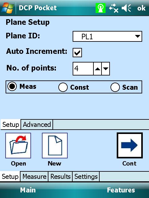 DCP Pocket Plane Feature Plane Features can be measured, constructed or scanned: Setup