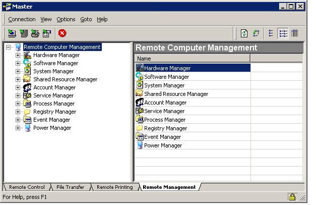 PC-Duo Master Guide Remote Management tab Use the Remote Management tab on the Master Connection window to view and manage information about hardware, software, system settings, services, processes,