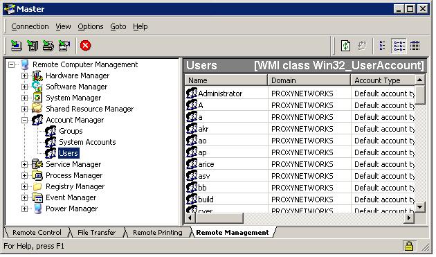 Connection Window Operation Account Manager Account Manager provides you with a graphical view of currently available user, group and system accounts on the remote Host computer.