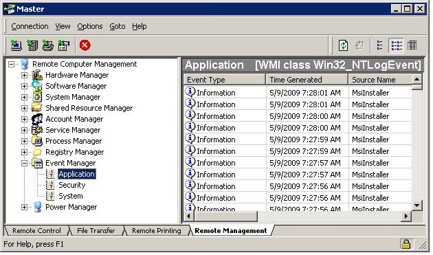 Connection Window Operation Event Manager Event Manager provides you with a graphical view of the Application, Security and System logs kept on the remote Host computer.