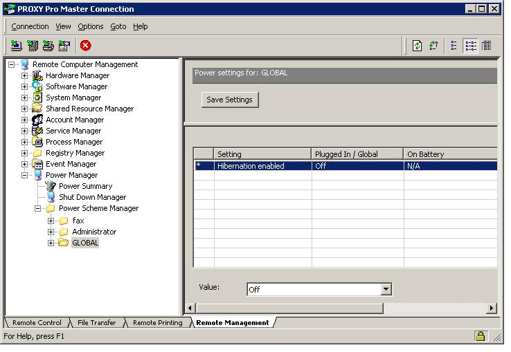 Connection Window Operation Power Scheme Manager - XP provides you with a graphical view of the current settings for power schemes for various user accounts on a remote Host computer running Windows