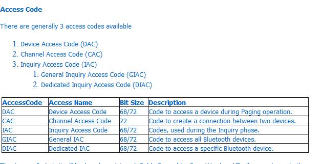 Access code The channel access code identifies a unique piconet The DAC is