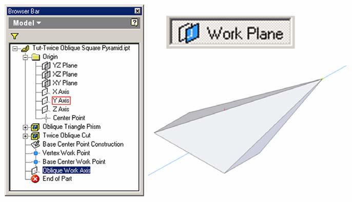 Inventor (5) Module 4A: 4A- 33 Figure 4A-11T: Creating the Oblique Axis Work Plane; selecting the Y Axis and Oblique Work Axis in the Model panel (left);