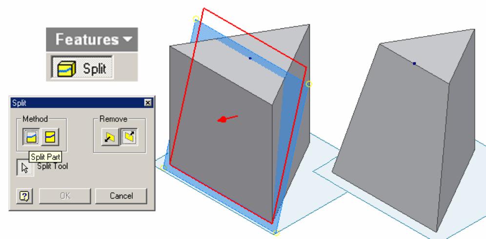Inventor (5) Module 4A: 4A- 7 Figure 4A-4I: Using the Face Cut Plane Work Plane feature and the Split tool to create the pyramidal surface cut (left). The resulted prism (right).