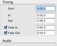 Editing audio timing You can edit several aspects of each audio element using the audio inspector. These include the start time, the in and out times, and the fade in and fade out durations.