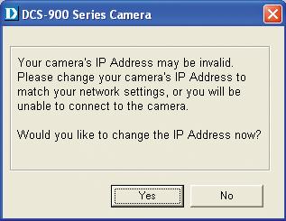 Running the Setup Wizard (continued) This screen appears if the default IP Address of the camera (192.168.0.