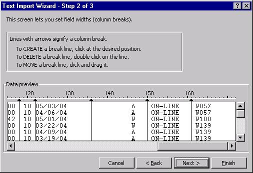 Helpful Hints expressreports Guide 24 The Text Import Wizard - Step 2 of 3 allows you to set field widths or column breaks. You can create, delete, and move break lines.