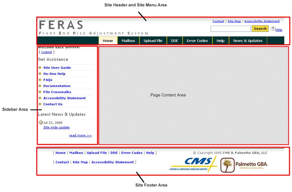 Centers for Medicare & Medicaid Services 02/16/10 Site Layout The FERAS site is constructed so that there is a common Site Header, Site Menu, Left Sidebar and Footer shared by each page of the site.