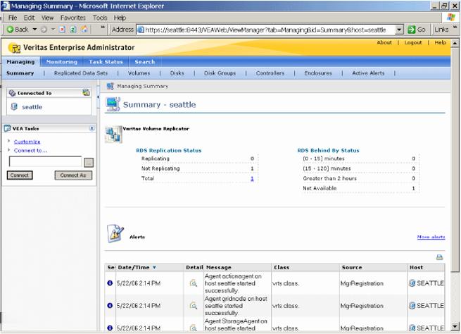 34 Viewing configuration and status information Viewing summary information Managing Summary view The Volume Replicator section of the Managing Summary view displays information about the RDSs
