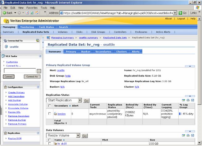 38 Viewing configuration and status information Viewing detailed information about the RDS example, click the RDS name hr_rvg, to display the Summary tab of the RDS view for hr_rvg.