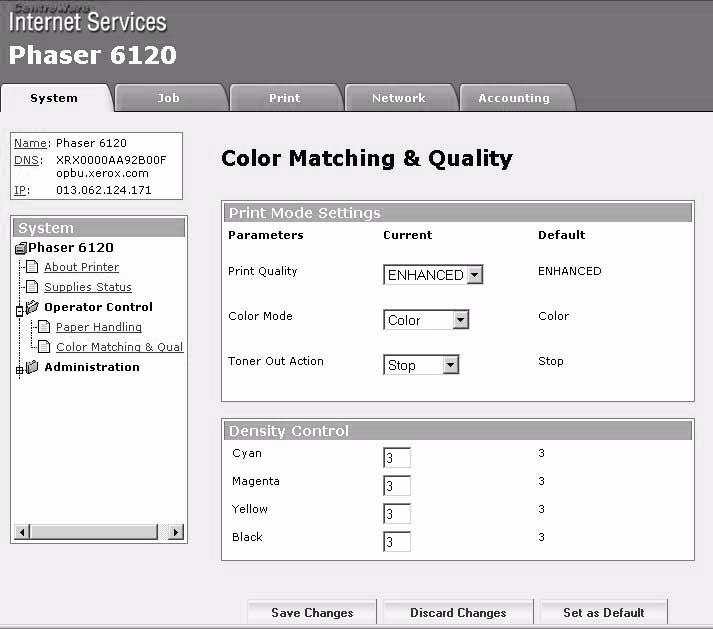 Color Matching & Quality The System/Operator Control/Color Matching & Quality window enables you to view and change the current paper handling options.