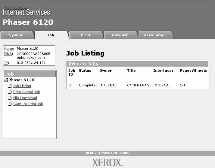 Job Page This window enables you to view the status and history of print jobs, print stored jobs, use direct printing and retrieve captured jobs from the hard drive.