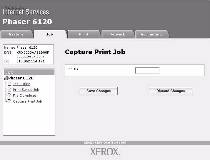 Capture Print Job The Job/Capture Print Job page enables you to print a file directly from the printer without starting up the application.