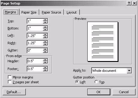 Margins The Margins tab is used to specify the settings for the paper margins. Printer Margins Enter the dimensions for the top, left, right, and bottom margins.