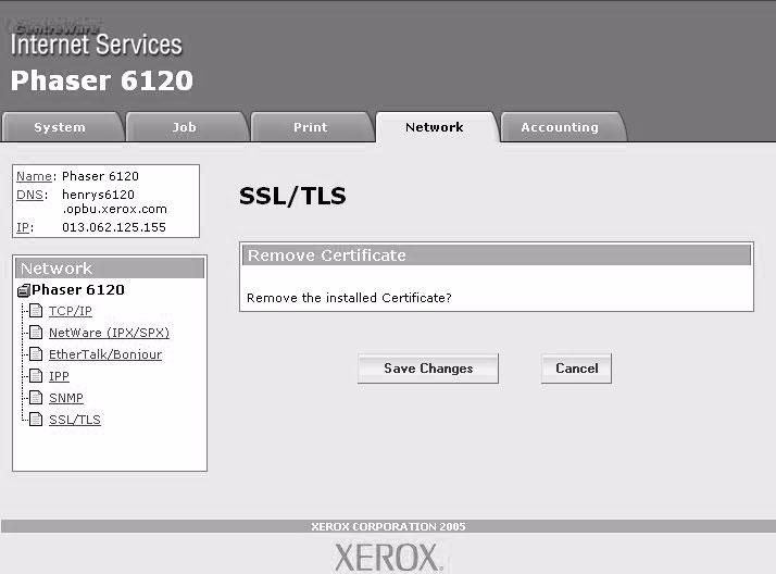 Remove Certificate The Network/SSL/TLS/Remove Certificate page enables you to delete the installed certificate.