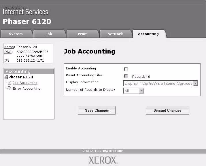 Accounting Page If the optional hard drive is installed in the printer, the Accounting window enables you to view accounting reports and reset the Accounting file.