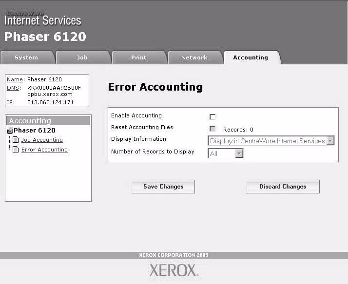 Printer-Based Error Accounting The Accounting/Printer-Based Error Accounting page enables you to check details of print errors.