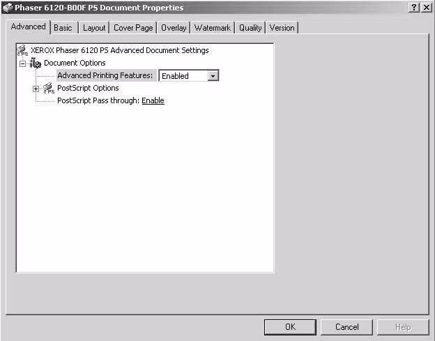 Advanced The Advanced tab is used to specify the PostScript output method and whether or not error messages of a print job are printed.