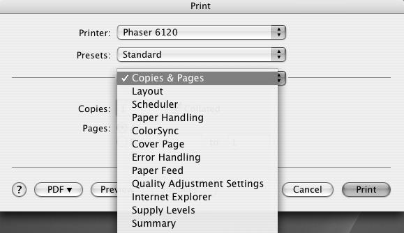 Print Dialog Panes Section Copies and Pages Layout Scheduler Paper Handling ColorSync Cover Page Error Handling Paper Feed Quality Adjustment Settings Description This section contains options for