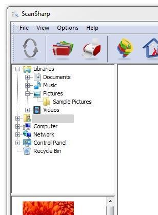 This is the directory explorer in ScanSharp. Using the directory explorer, you can select a folder to view your scanned, merged, or imported files.