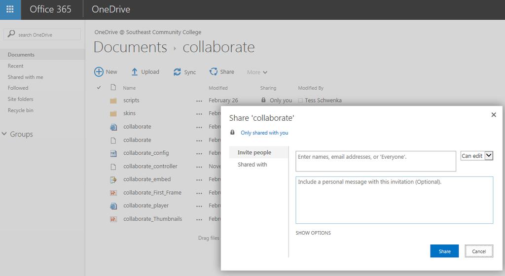 ONEDRIVE FOR BUSINESS APPLICATION FEATURES: SHARE Share: You can invite people to see your documents, photos, folders online.
