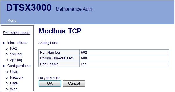 Select yes for [Port Enable] to enable the port number for Modbus/TCP communications.