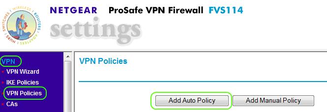 Go to the tab VPN and VPN Policies. Click on Add Auto Policy to create a VPN Policy.