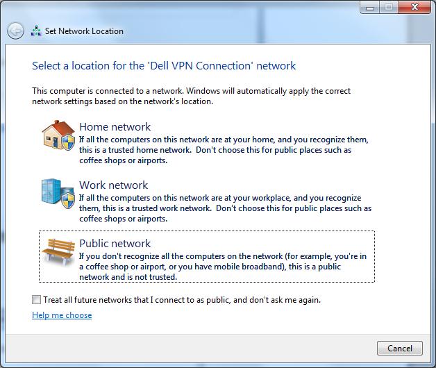 You might be prompted to set the Network Location. If so, click Work network. You will only see this window once.
