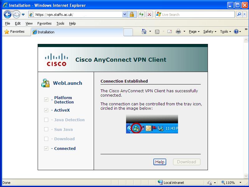 Step 6. Once the AnyConnect client is downloaded, it will automatically establish a connection with the VPN service.