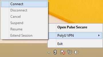 Windows 8 - Search in the Windows Tiles Screen - Select PolyU VPN - Select Connect - Select Open Windows 7 and Vista - Select icon