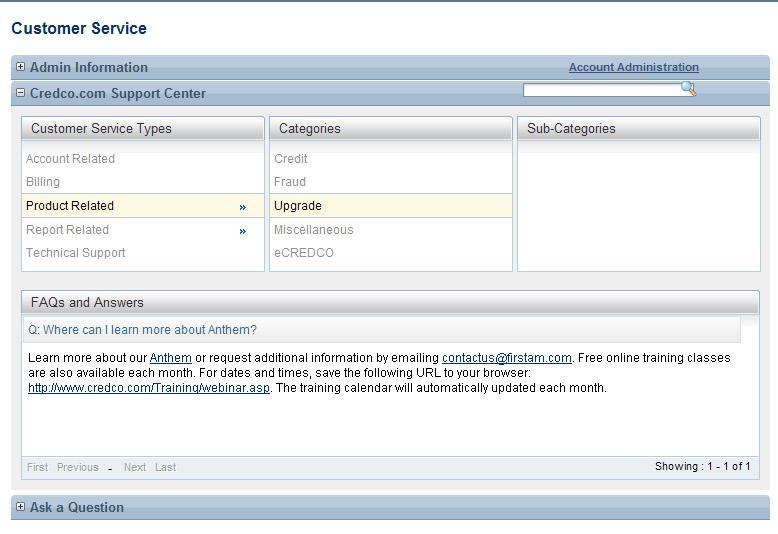 Customer Service: Customer Service may be accessed from the menu or from several different sections within Credco.com.