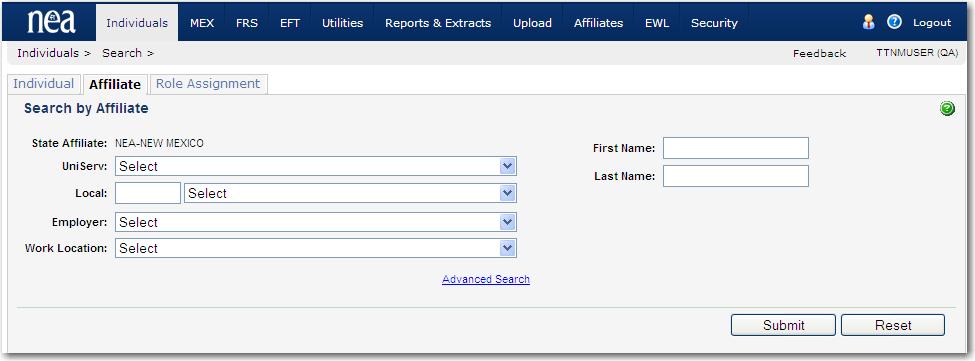 SEARCH BY AFFILIATE The Search by Affiliate function enables a user to select a UniServ, Local, Chapter, Employer or Work Location in order to display a list of members for the selected