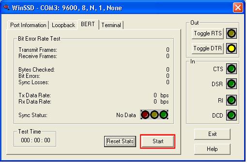 Select the BERT tab and with the loopback connected to the port you wish to test, click on the Start button. If testing RS-485, be sure that ECHO is enabled.