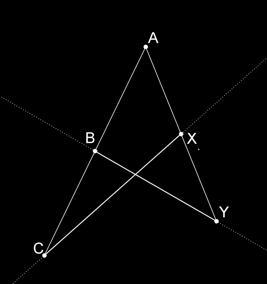 Figure 3: Two intersecting segments. Problem 1.5. We assume A B C and A X Y, and that not all five points lie on a line. Prove that the segments BY and CX intersect each other. Provide a drawing.