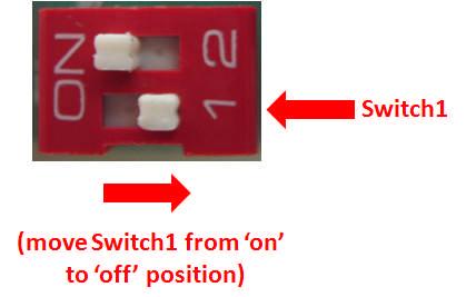 5. Move Switch1 from ON to OFF position, as shown below: 6. Issue a LOCK or UNLOCK command from the transmitter to verify successful enrollment.