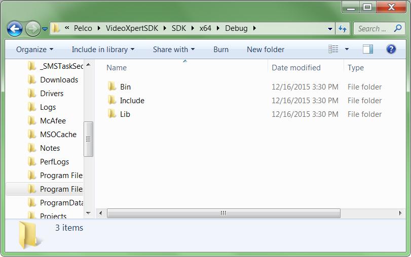 Installing the Pelco VideoXpert SDK The directories installed under each VideoXpertSDK\SDK\ build folder contain the following: Pelco VideoXpert API directory Description Bin Supporting libraries