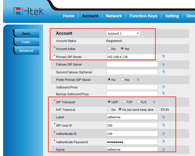 1) Account Active: choose Yes. 2) Primary SIP Server: enter the IP address of MyPBX, 192.168.6.126. 3) SIP Transport: choose UDP. 4) Label: the name showing on the LCD of Htek phone.