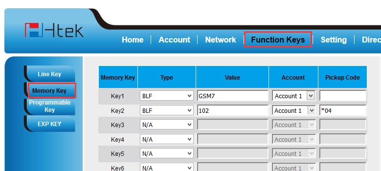 2.1 Configuring BLF on Htek You can monitor the status of extension/ trunk via BLF. Notes: MyPBX supports to monitor PSTN, GSM and SIP trunk.