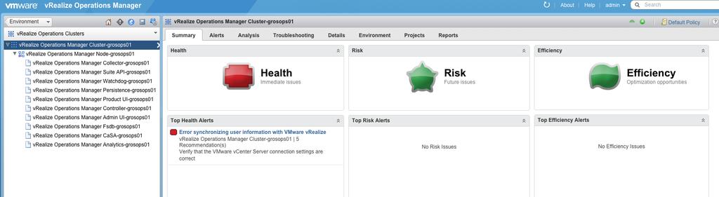 vrealize Operations Manager Self Health Dashboard Users can view details of individual vrealize Operations Manager