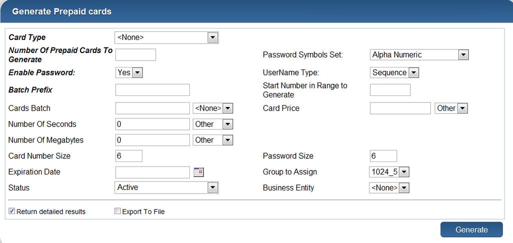 Card Type: allows creating a batch of prepaid card using predefined card types. The combo box will present the available card types.