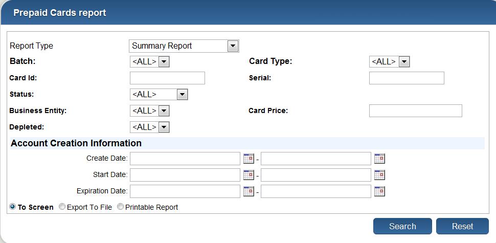 Prepaid Cards Reports The prepaid cards reports page allows generating detailed or summary reports for your prepaid cards.