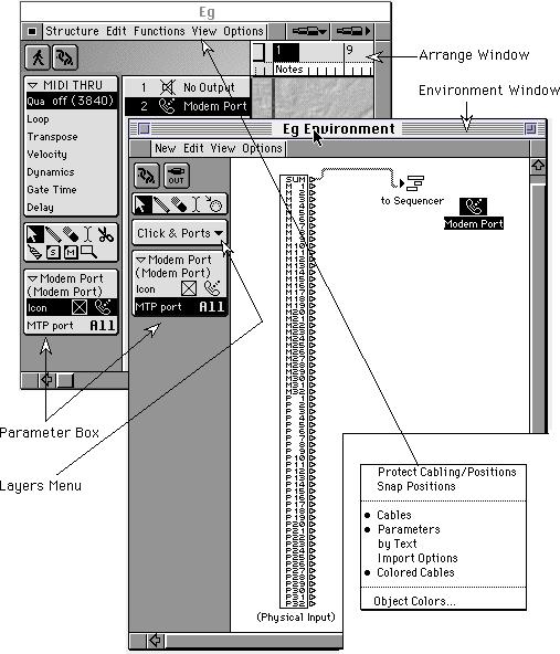 Chpter 1 Overview of the Environment Fig. 3: Environment & Arrnge windows w/ prmeter box & View menu Use Logic s Edit menu or key-commnd (Commnd-A on the Mc) to select ll environment objects.